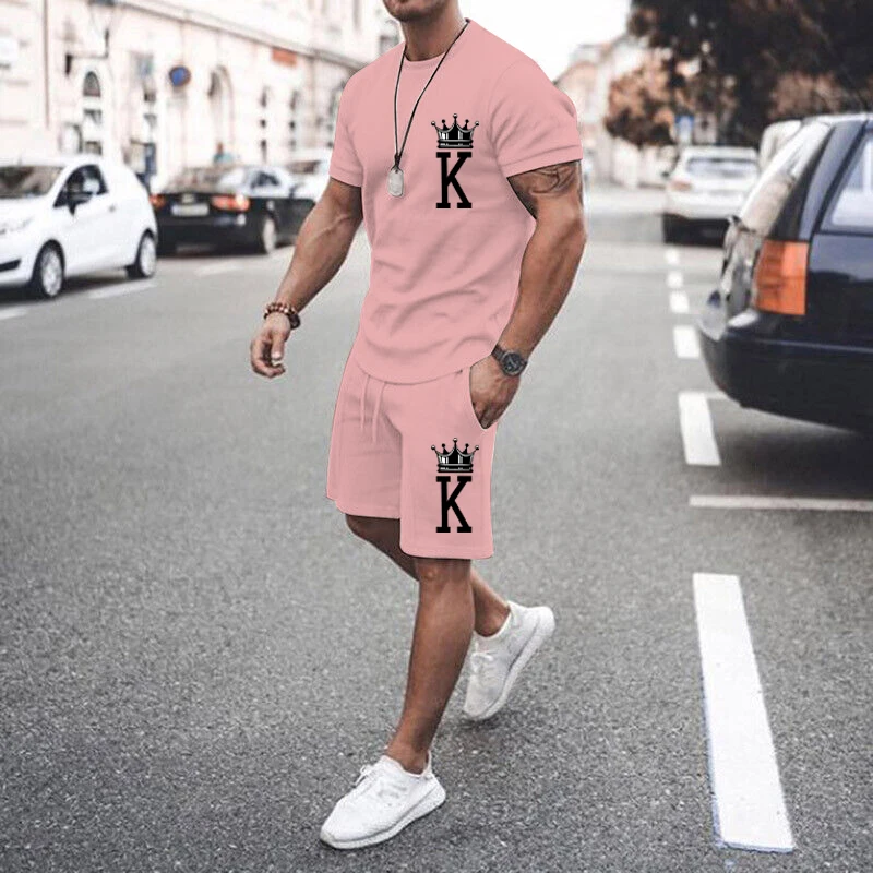 Men's Pink T Shirts Sets Crown K Popular Design Printing Solid Color Summer Outfits 2 Piece Oversized Short Sleeve Suit For Male