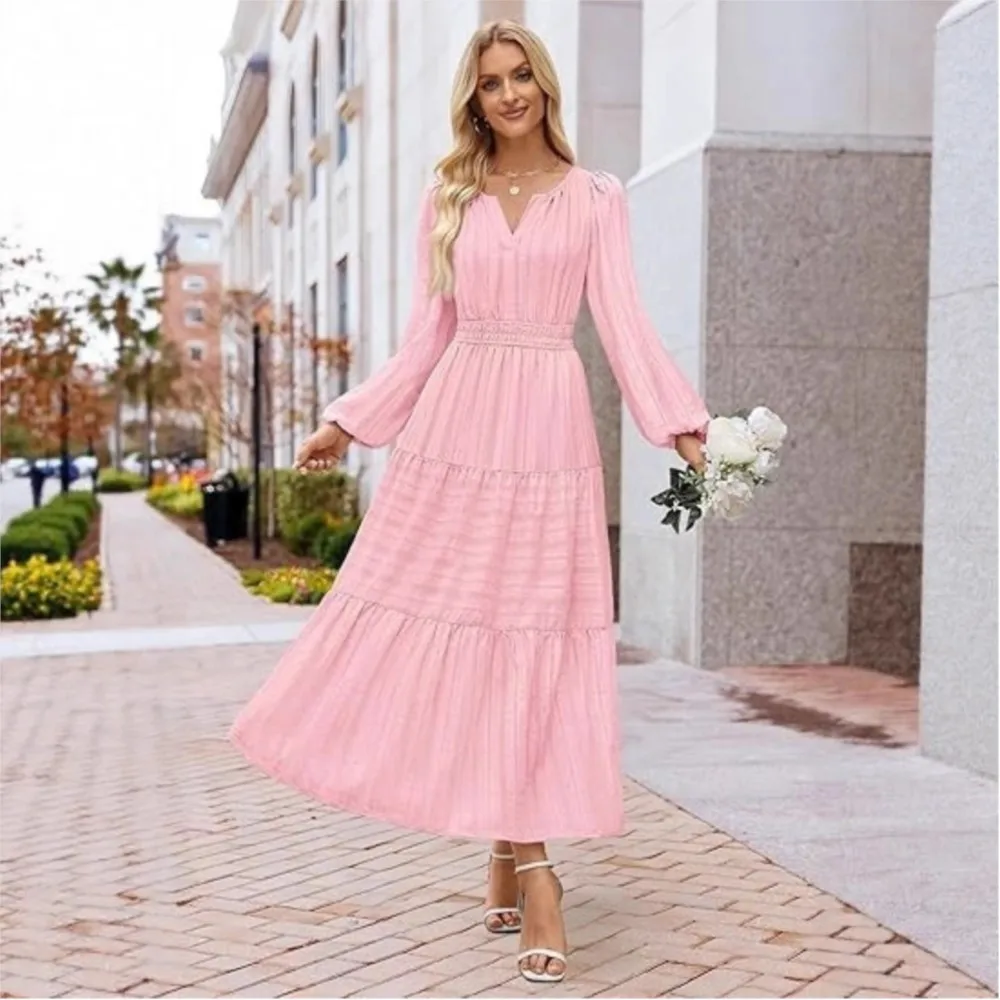 Women's Dress Long Sleeved Solid Color Casual Simple Style V Neck Vestido Temperament Commuting Slim All Match Dresses For Woman