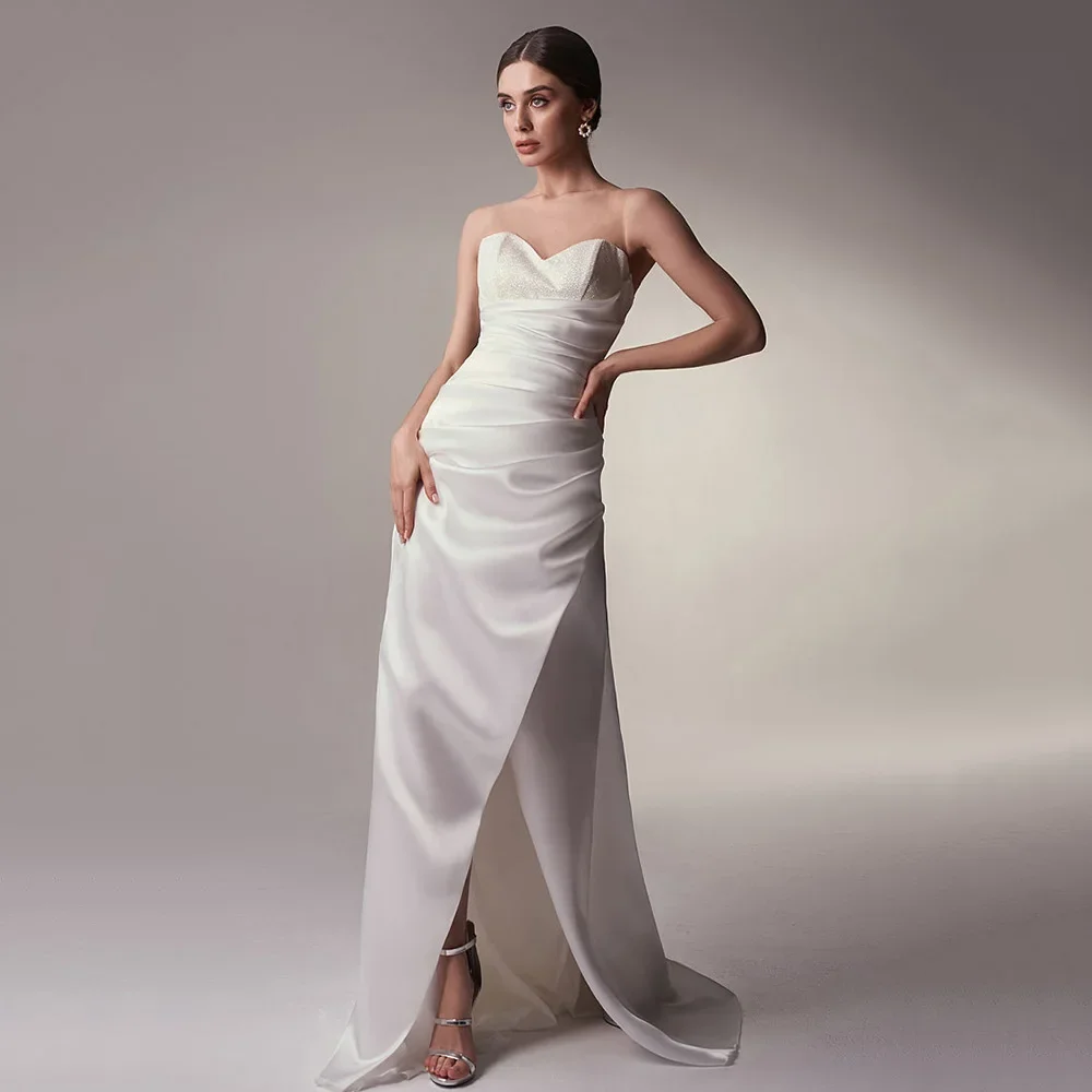 Sweetheart Wedding Dresses Sexy Front Slit Floor-Length Satin Bride Gowns Simple A-Line Pleat Brush Train White Robe de soirée