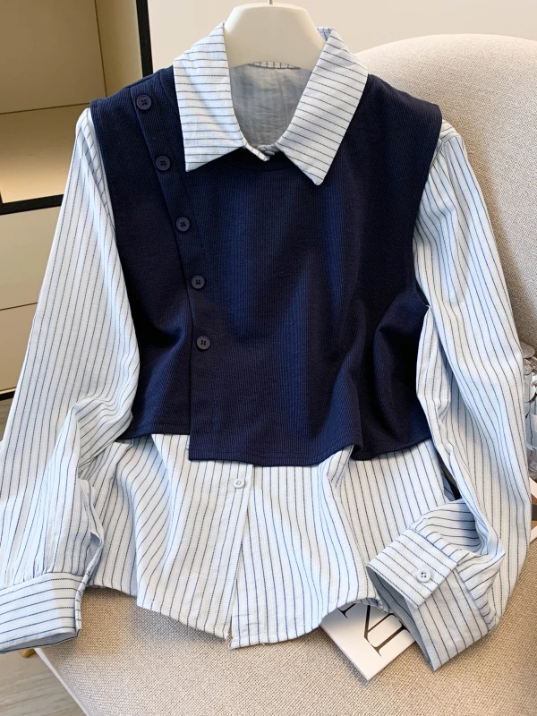 

Casual Stripe Patchwork Long Sleeve Shirt Women's Early Spring 2026 New Style Slimming Versatile Two-Piece Set Top