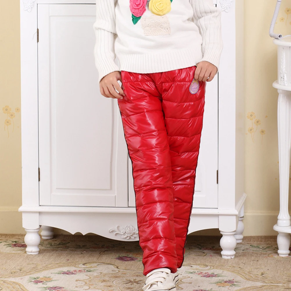 Girls Down Pants Red Polyester Waterproof Snow Trousers Thick Warm Children's Winter Size M Cotton Pants 4-6T