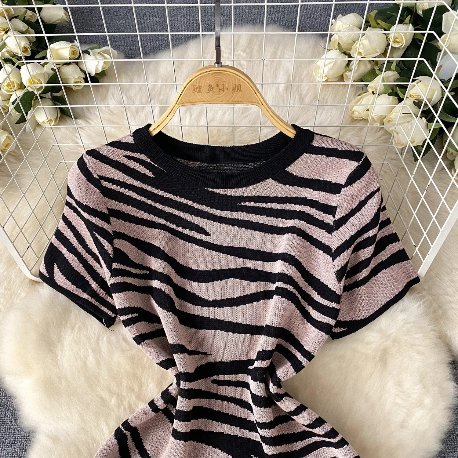 Vestido a rayas de manga corta para mujer, estampado de leopardo retro, temperamento, Falda recta