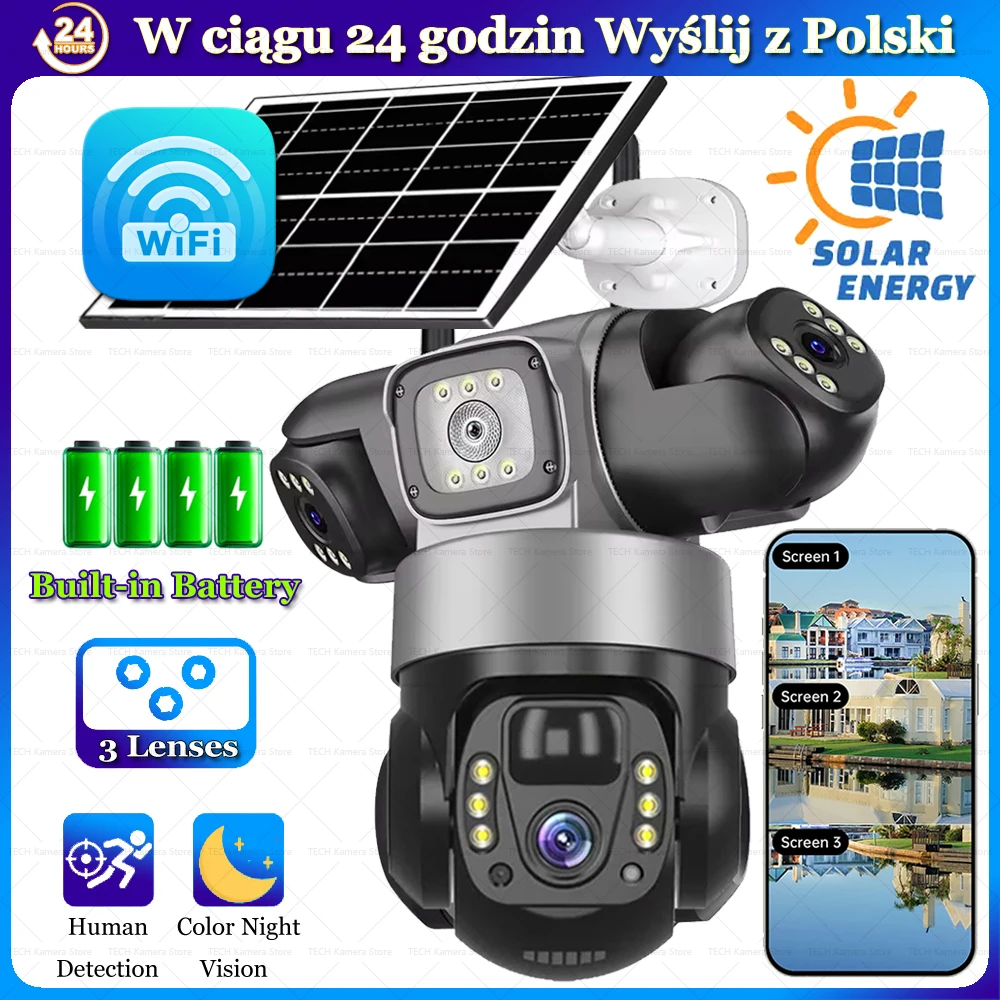 Kamera solarna WiFi z 3 obiektywami, 3 kątami monitoringu, do użytku na zewnątrz, inteligentna ochrona domu, HD, noktowizja, 360° PTZ, zdalne sterowanie, bezprzewodowa, zasilana energią słoneczną,