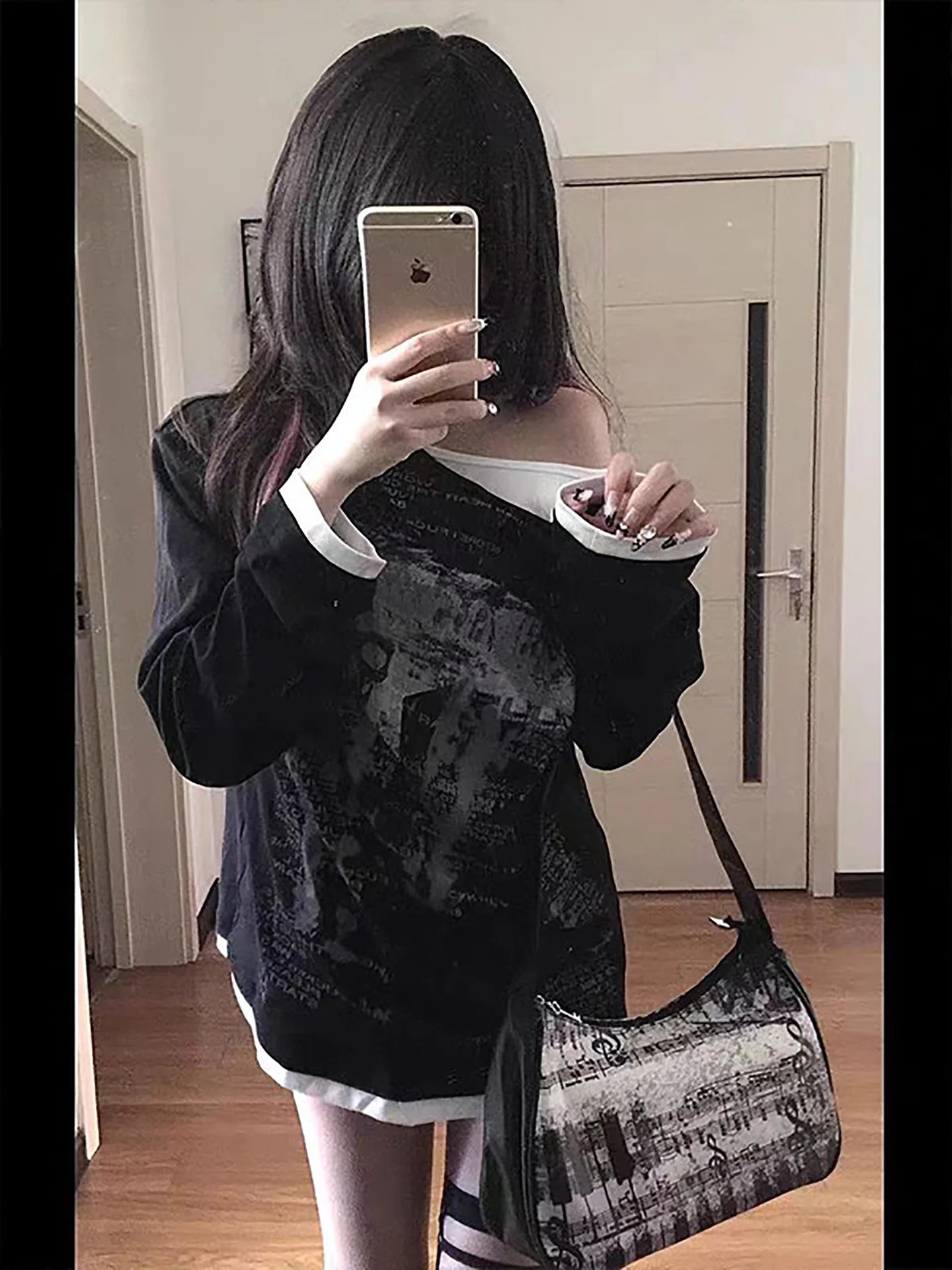 Loose Long Sleeve T-Shirt Unisex Autumn Print Lazy Y2K Spicy Girl Top Dark Series Fake Two-Piece Collarless Men's Women's Fas...