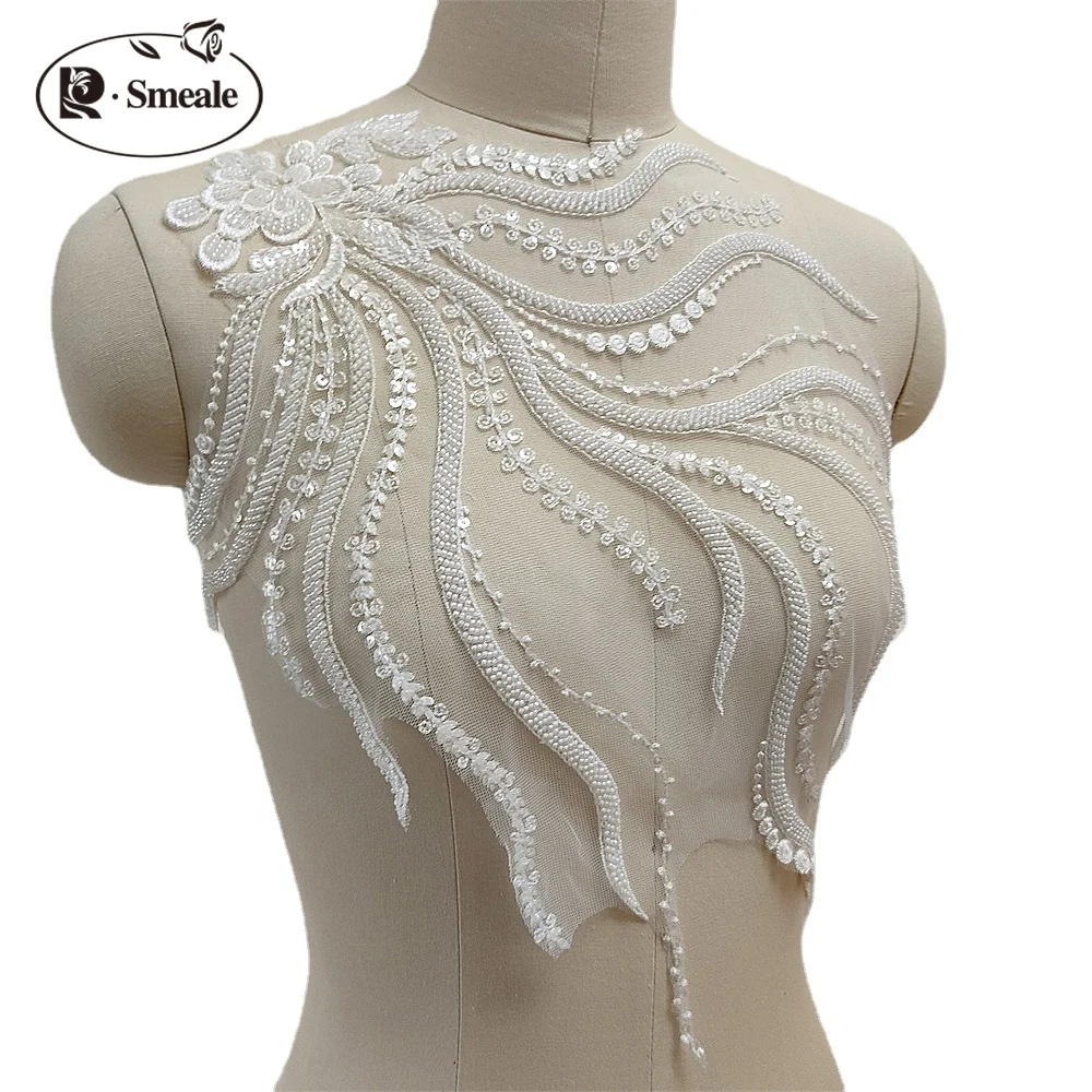 Perlenbesetzte Pailletten-Spitzen-Brustblumen, 3D-Hochzeitskleid-Applikation, Braut-Kopfschmuck, Spitzenkragen-Spitzenstoff, Pteris-Applikation – Detail 2