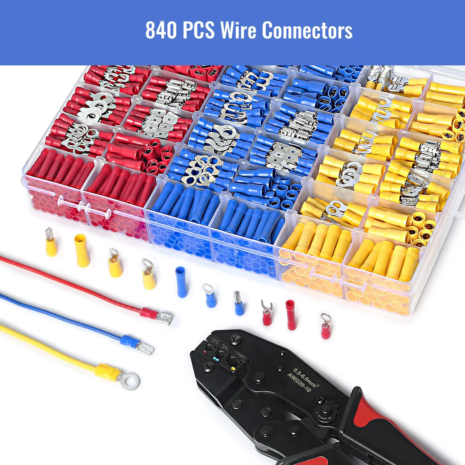 

840PCS Electrical Wire Connectors, Insulated Wire Crimp Terminals, Mixed Butt Ring Fork Spade Bullet Quick Disconnect Assortment