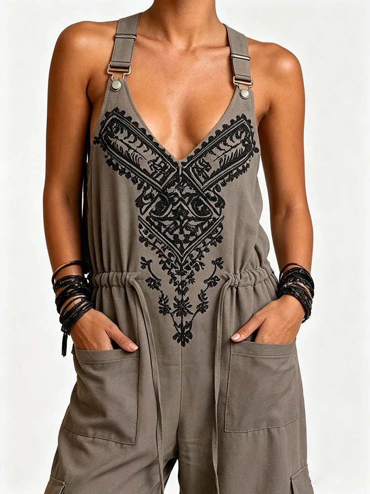 UOOZEE Women Vintage Printed Overall Jumpsuit Adjustable Strap Drawstring Waist Cargo Pockets Harem Romper Ladies Jumpsuits view 5