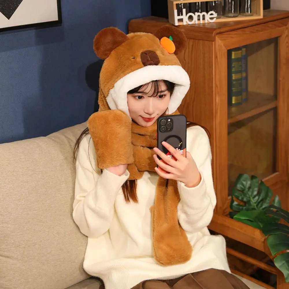 Casual 3in 1 Hat Scarf Gloves Set Plush Winter Warm Capybara Beanie Cap Thickened Ear Protection Cartoon Neck Hat