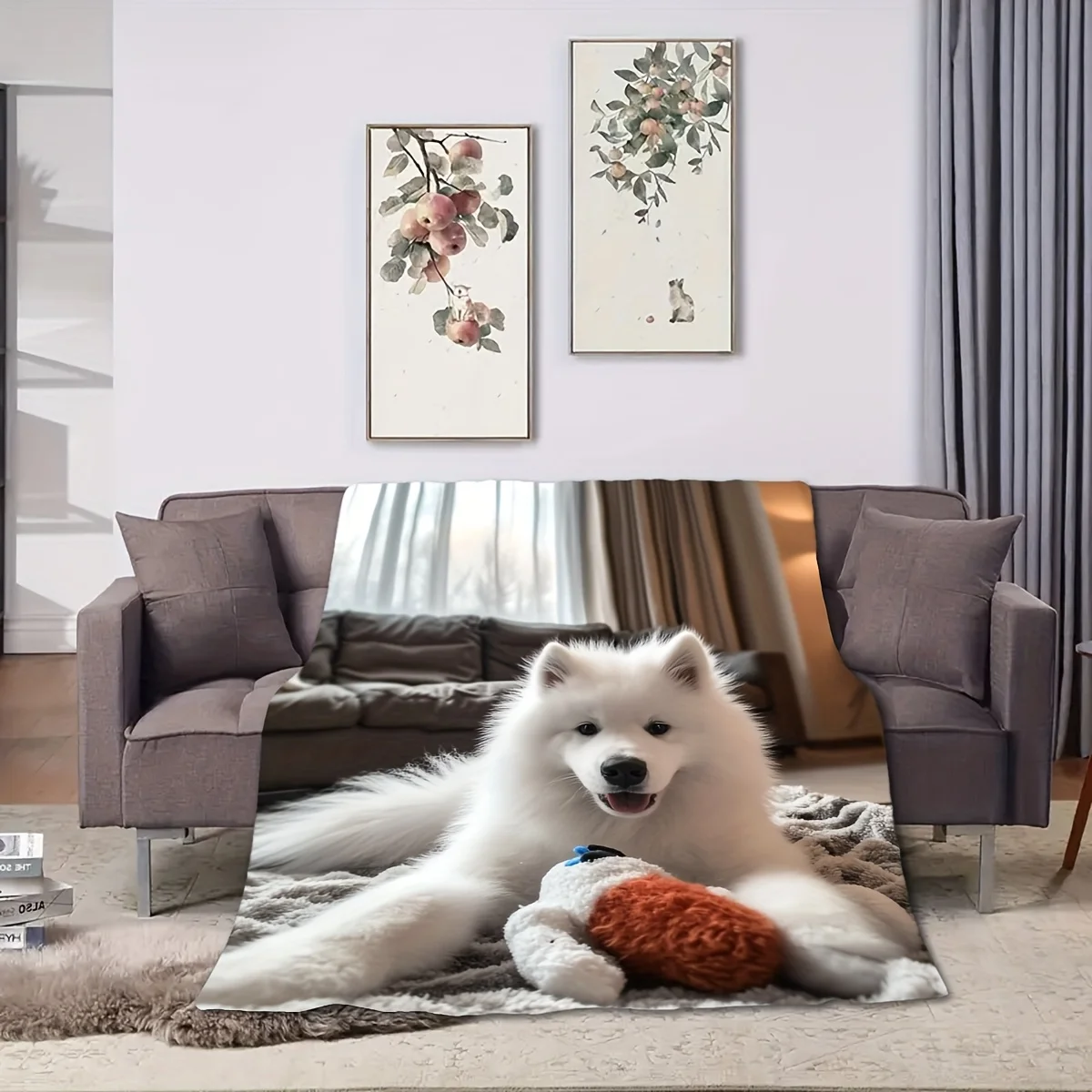 1pc Fluffy Throw Blanket, Samoyed Dog Print, Warm Blanket for Sofa Bedroom, Multifunctional Camping Blanket, Sweet Gift
