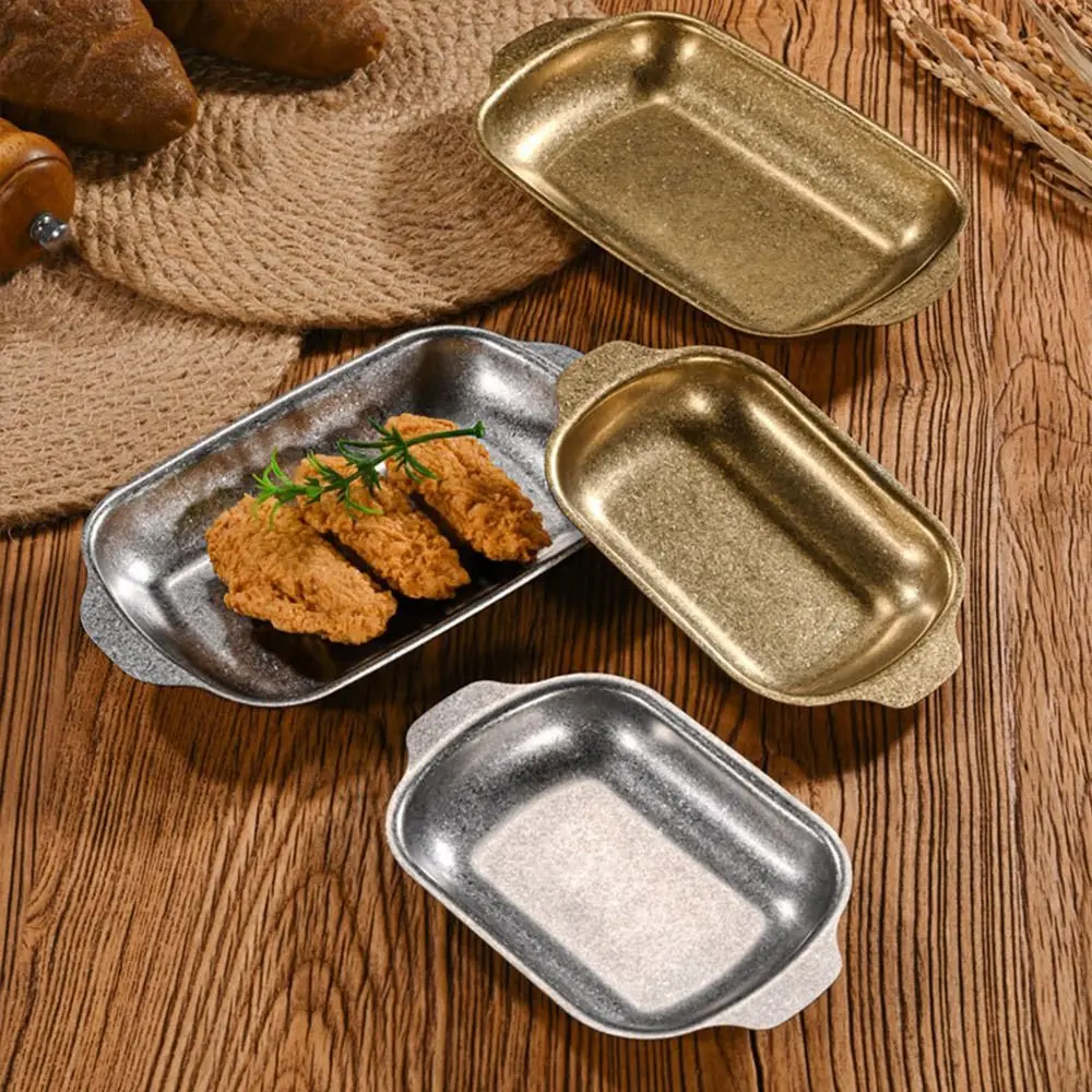 Multifunctional Stainless Steel Steak Tray Double Ear Design Vintage Dessert Plate Barbecue Plate Home Kitchen