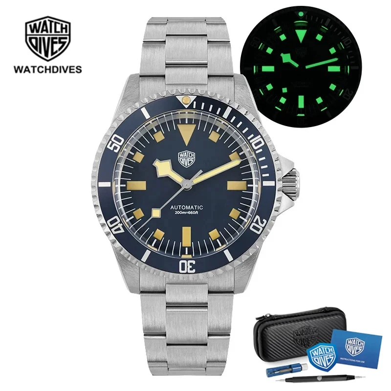 

Watchdives WD79090 40mm Vintage Sub Watch NH35 Automatic Domed Sapphire 20ATM C3 BGW9 Luminous 316L Steel Men Diver Wristwatch