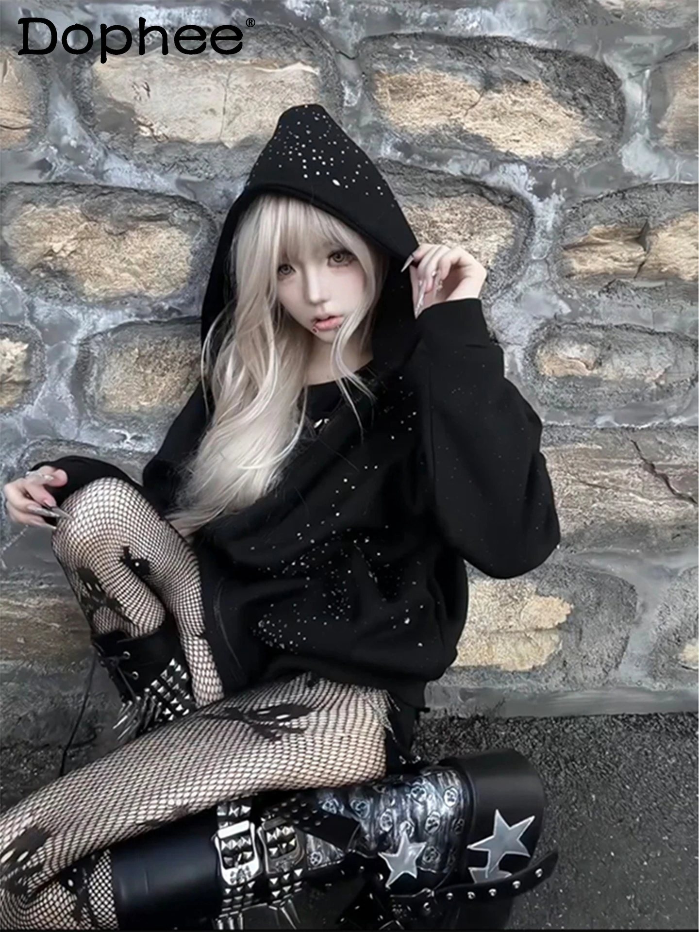 

American Starry Sky Heavy Industry Rhinestone Sweatshirt Jacket for Women Loose Y2K Subculture Punk Cardigan Hooded Top