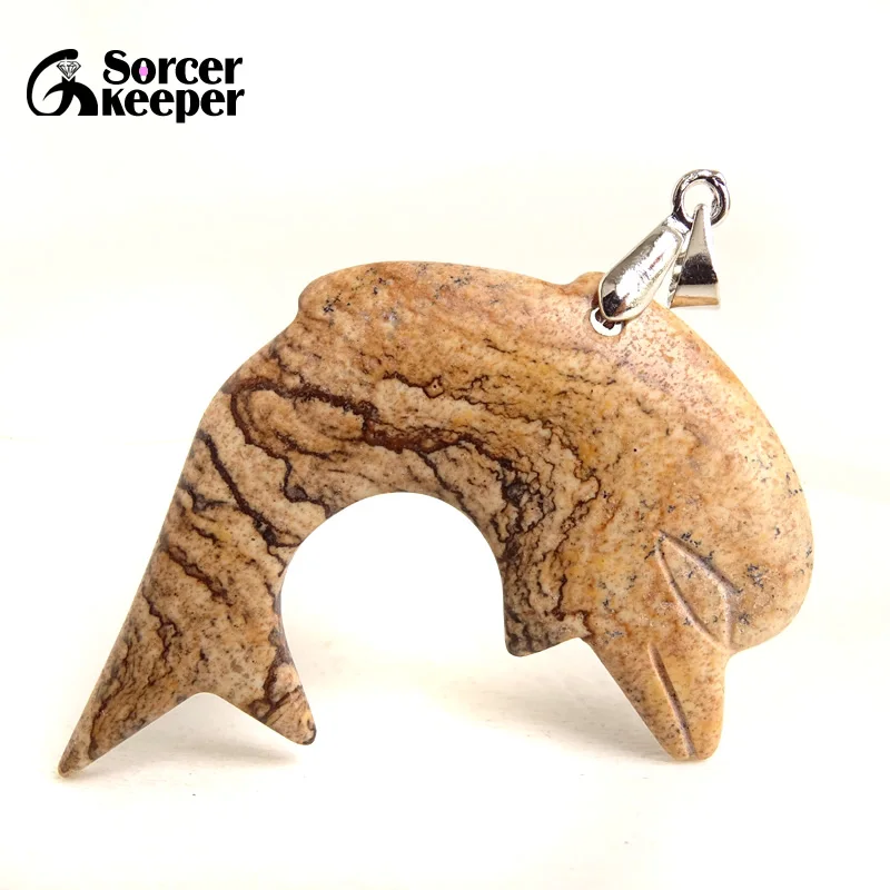 Hand-carved Dolphin Natural Picture Jasper Stone Crystal Necklace Pendant Beads for Jewelry Making DIY Jewellery Collier Femme