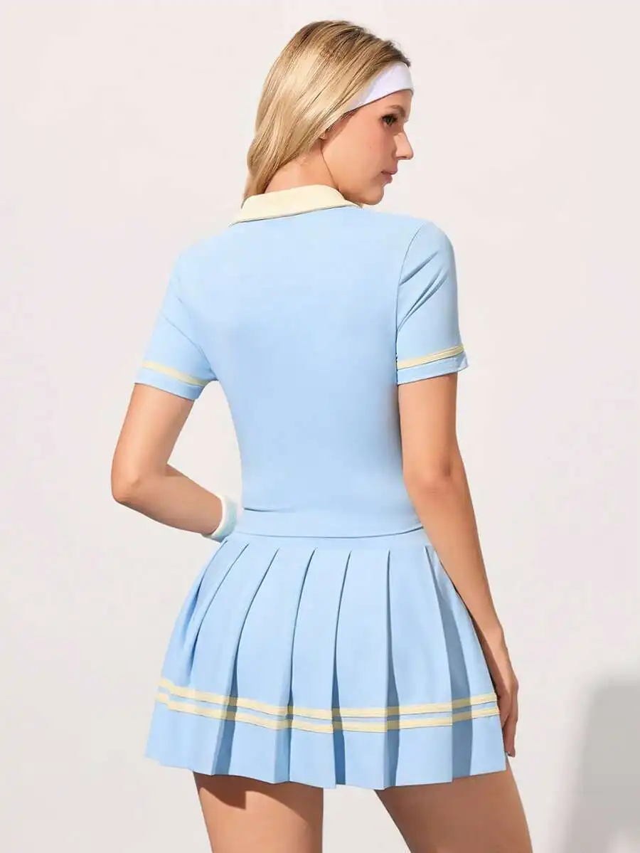 

Light Blue Pleated Tennis Skirt Set With Contrast Trim Short Sleeve Top