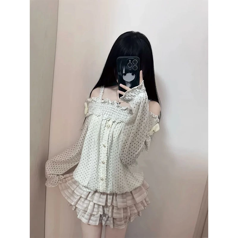 MEXZT Cutecore 2 Piece Set Women Outfits Polka Dots Off Shoulder Shirts Kawaii Plaid Mini Skirt Summer Japanese Matching Sets