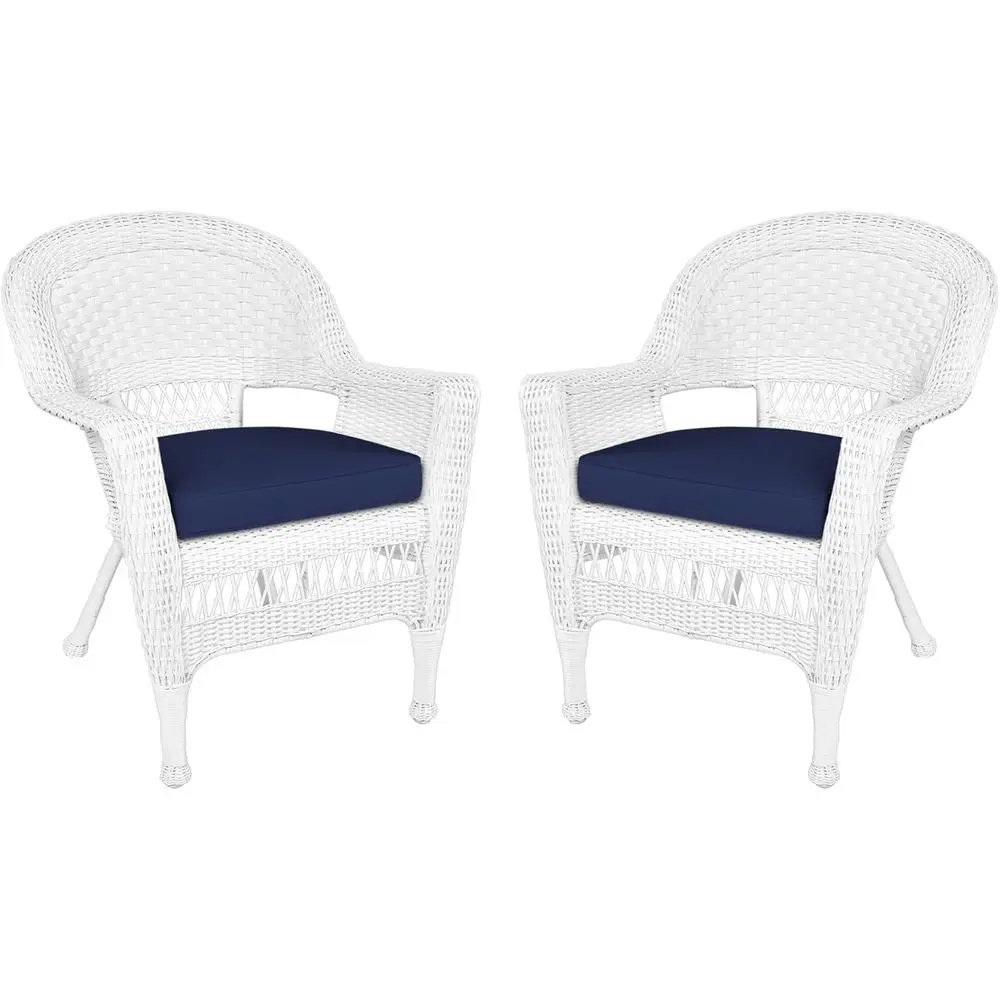 Blue Cushioned Wicker Chairs, Set of 2, White