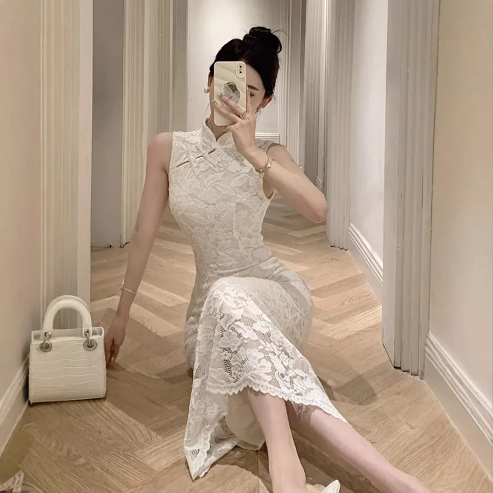 مثير جديد الصينية الرجعية أنيقة تحسين شيونغسام المرأة الصيف جديد الراقية تحسس Bodycon فستان الدانتيل الكاحل طول تنورة