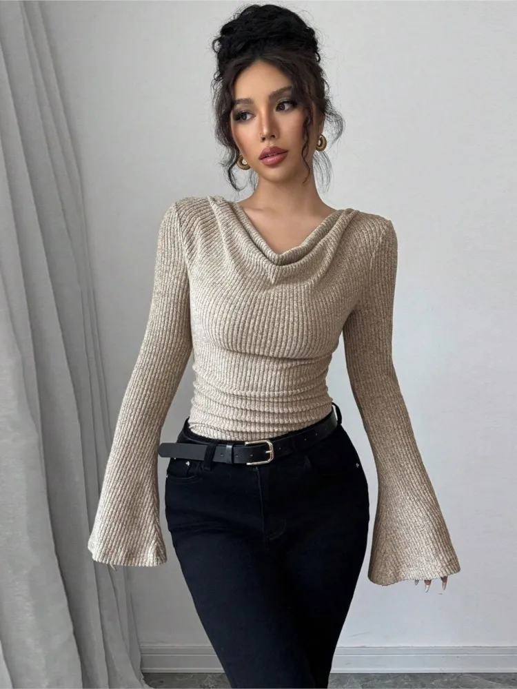 Autumn Winter Women Long Sleeve Y2K Crop Top Trendy Off Shoulder Asymmetrical Fitted Knit V Neck Tee Shirts Tops Streetwear 2025
