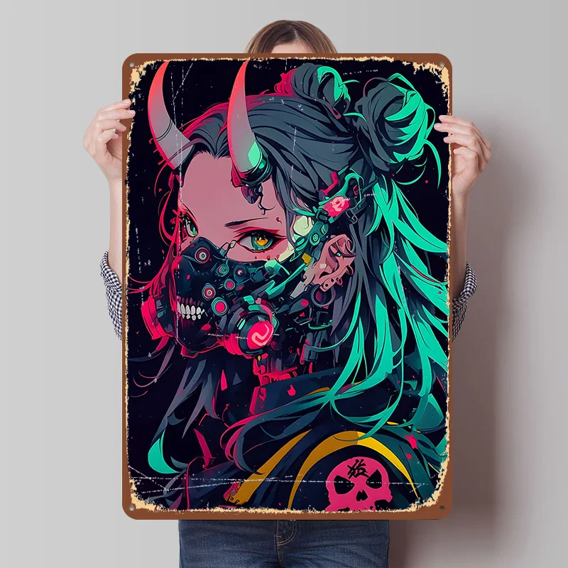 Cyberpunk Anime Girl Poster Customized Vintage Metal Signs Wall Art Retro Tin Plaque for Home Decorations Room Decoration Gaming