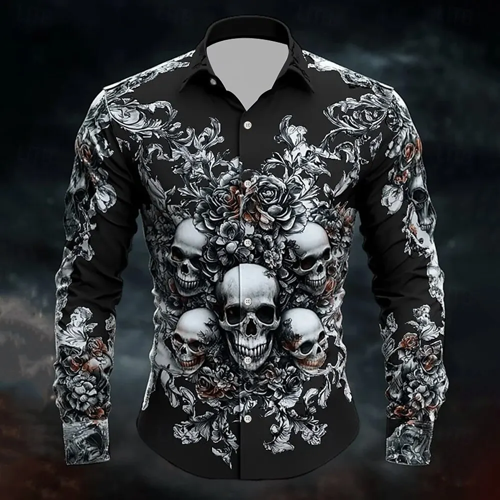Halloween Theme Men Outfit Skull Shirt Casual Long‑Sleeve Dark Gothic Style Top