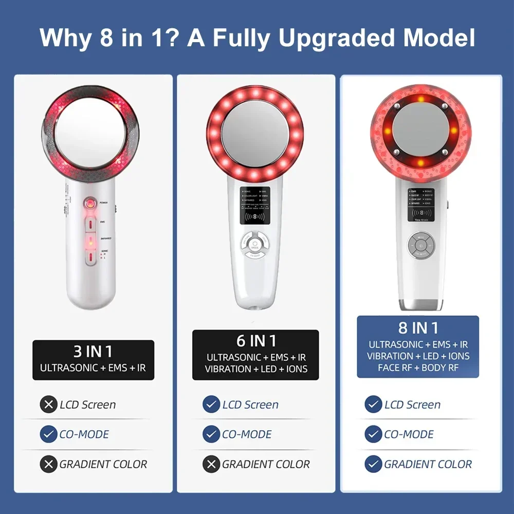 Máquina de cavitación por ultrasonido 8 en 1, masajeador vibratorio adelgazante corporal, quemador de grasa anticelulítico, luz LED infrarroja EMS Facial RF