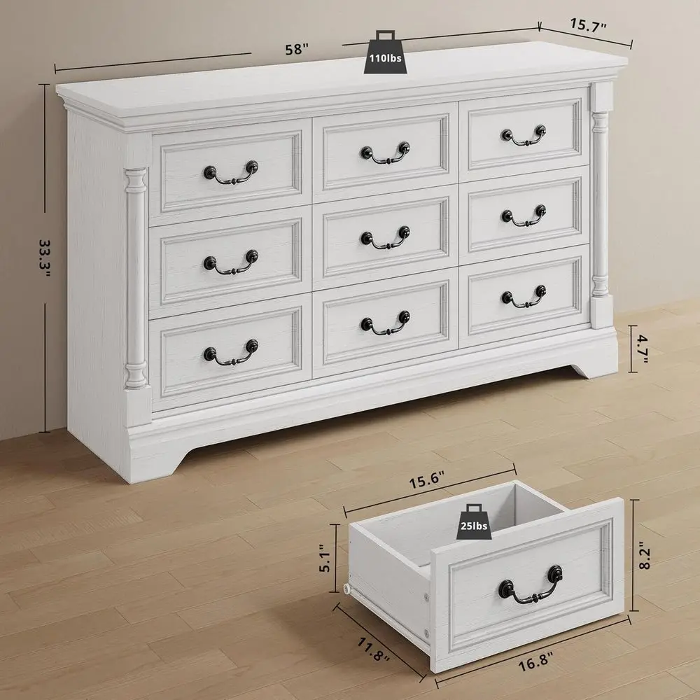 9-Drawer Wide Wood Chest with Column, 65 TV Stand, and Bedroom Storage Solutions for Living Room and Hallway