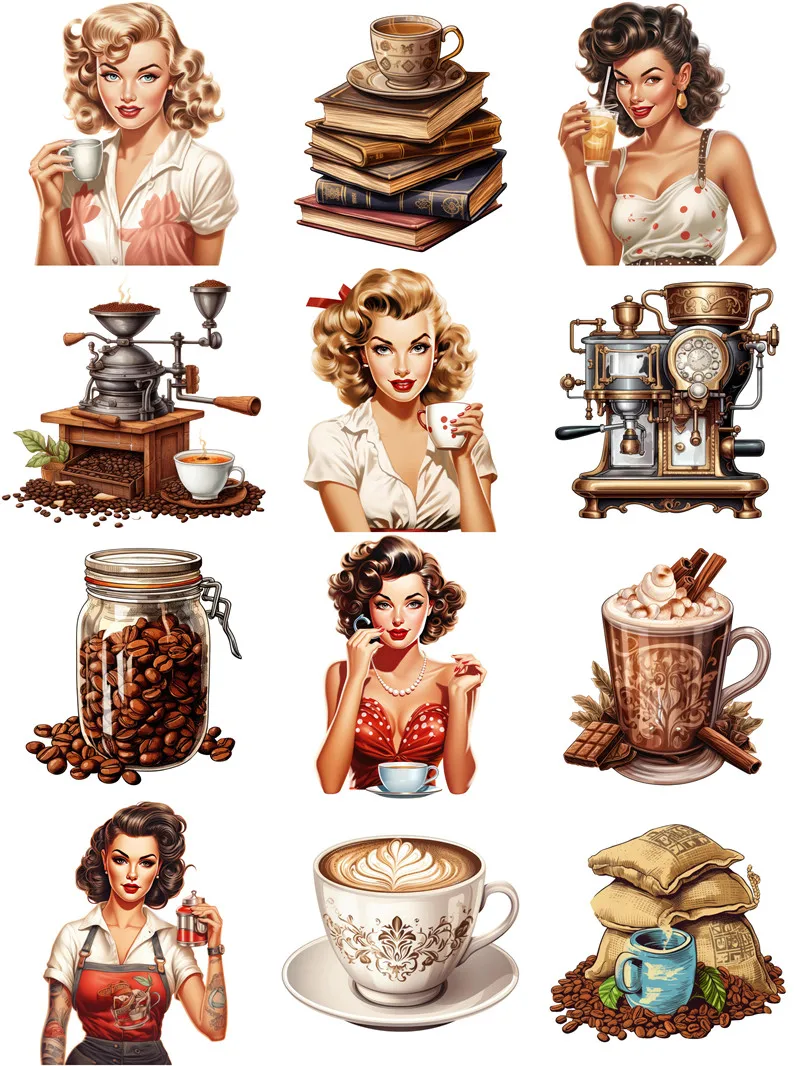 12Pcs/Pack Coffee Girl Sticker DIY Craft Scrapbooking Album Junk Journal Decorative Stickers