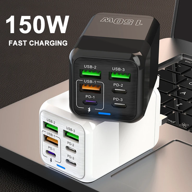 

6 Ports Quick Charger 150W Charging Hub Wall Adapter Super Fast Charging For iPhone Samsung iPad Xiaomi Huawei Oneplus Laptop