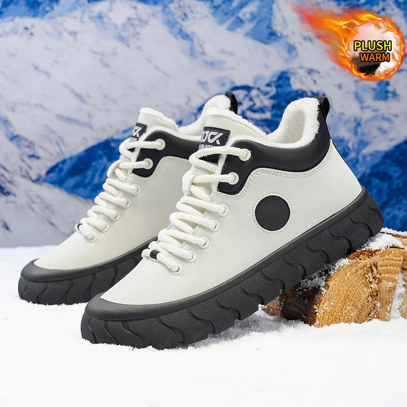 Men's Warm Fleece Lined High Top Snow Boots, Waterproof Non Slip Platform Ankle Boots, Winter Casual Leather Walking Sneakers