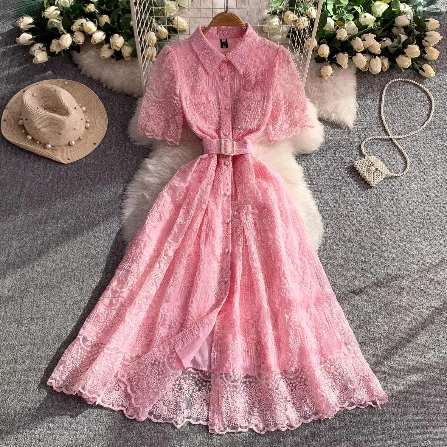 

Elegant Short Sleeve Floral Embroidery Long Dresses Shirt Women Summer Holiday Single Breasted Print Pocket Pearls Lace Dress
