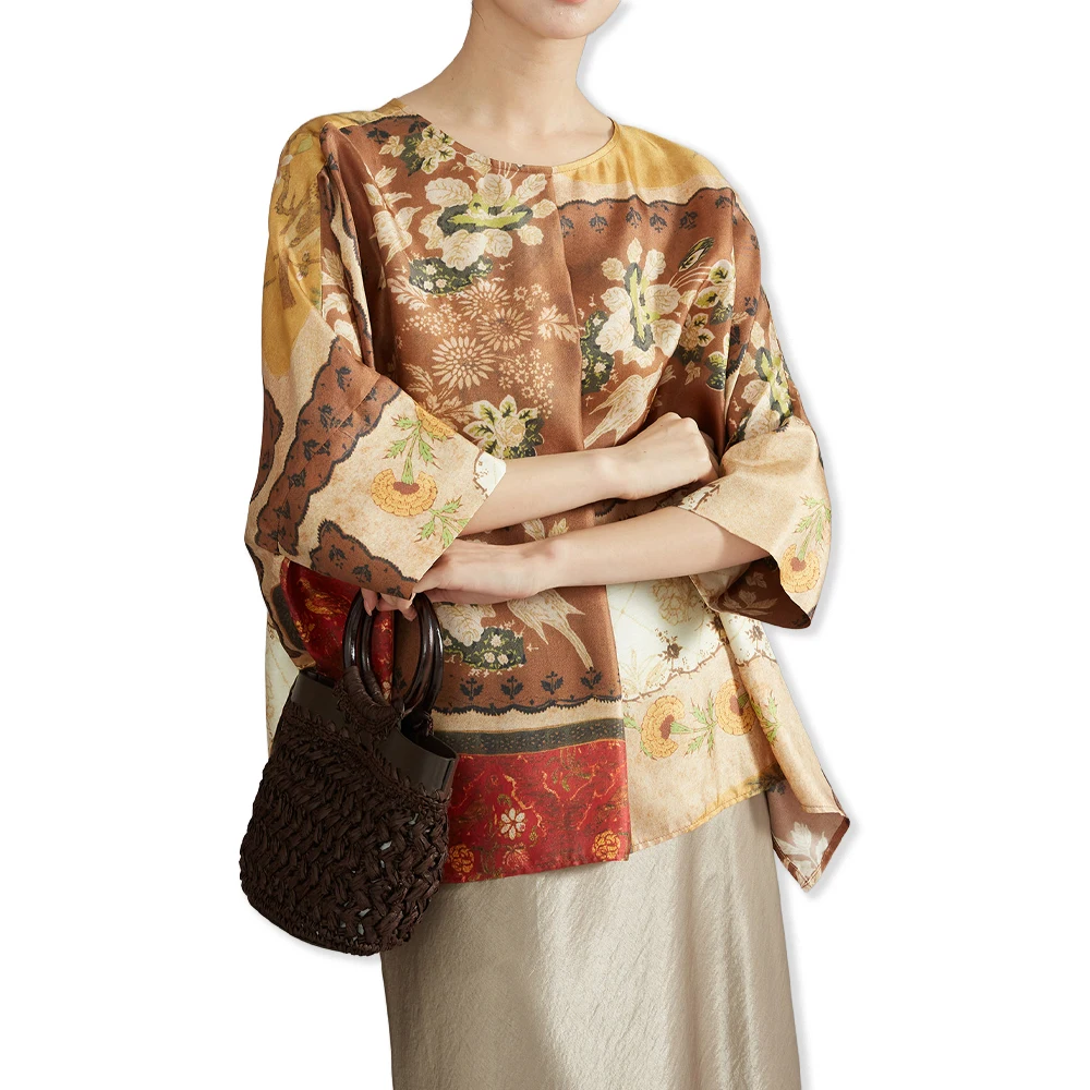Premium 100% Natural Mulberry Silk Twill Silk Positioning Printing Holiday Style Round Neck three-quarter Batwing Sleeve T-shirt