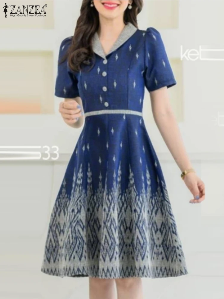 

ZANZEA женское элегантное платье с принтом, винтажный сарафан длиной до колена с короткими рукавами, 2025 г., повседневное OL рабочее платье, халат трапециевидной формы