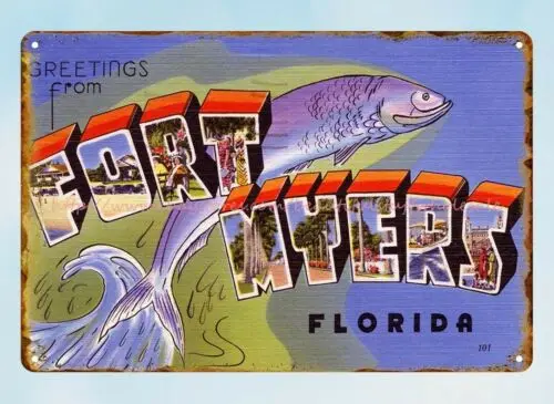 collectible wall decor Greetings from Fort Myers Florida 1940s metal tin sign