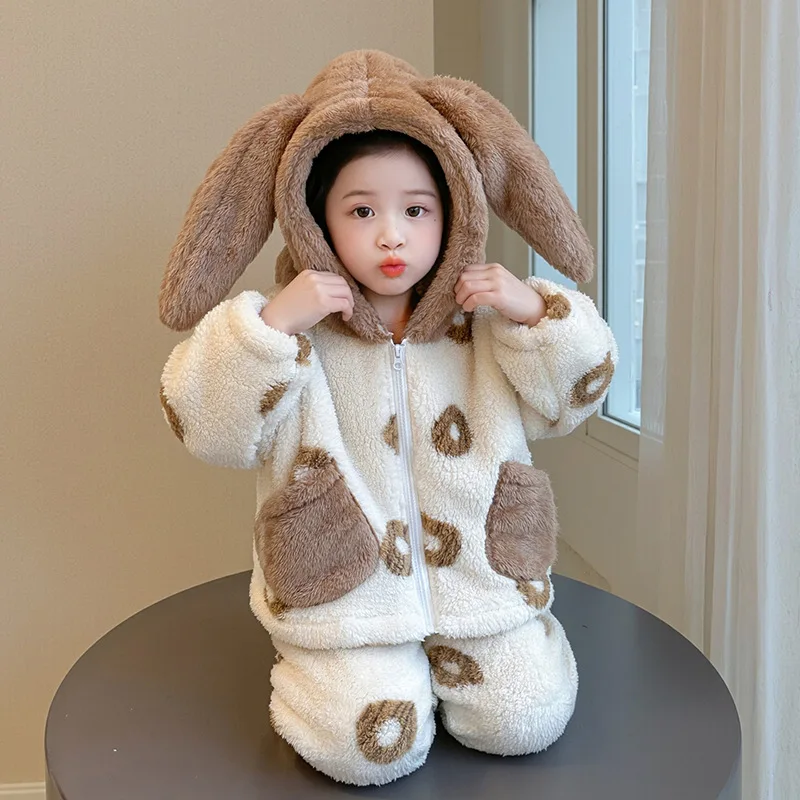 Winter Children Girls 2PCS Clothes Set Cotton Rabbit Ear Hooded Thick Warm Zipper Coat Suit Korean Contrast Homewear Pant Outfit