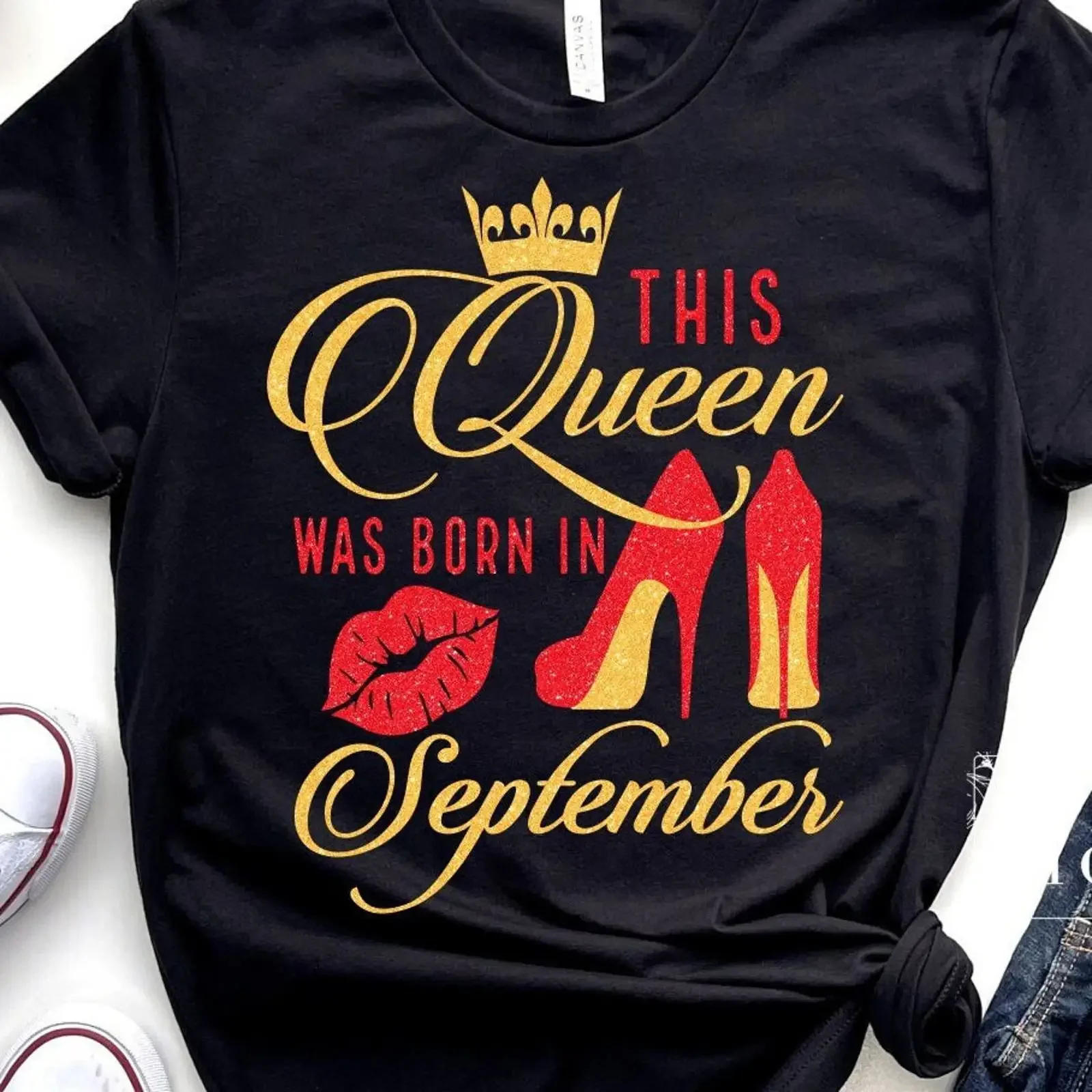 This Queen Was Born In September T Shirt Birthday For Women Crown High Heels Lips vintage Washed Versatile homme Comfortable