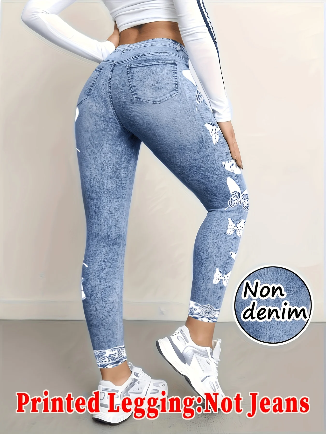 Women Printed Leggings Not Denim Fabric, Fake Pocket & Button Print Design Pants, High Elastic Fashion Slim Fit Skinny Casual