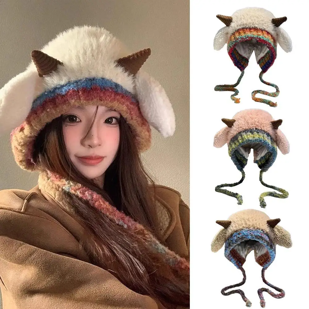 

НОВАЯ милая толстая плюшевая вязаная шапка для девочек, зимняя теплая шапка с защитой ушей, ветрозащитная женская удобная шапка-пуловер с рогом