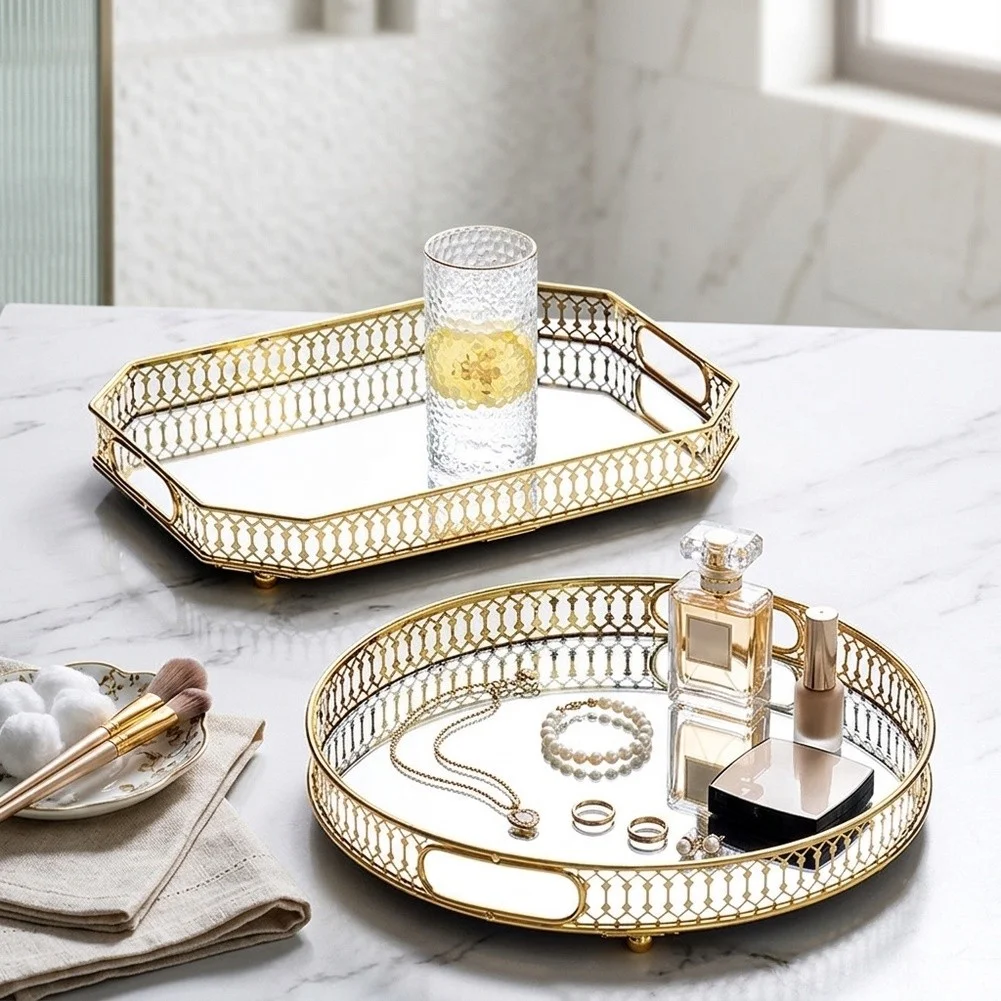 Elegant Gold Mirrored For Vanity Tray for Makeup Jewelry and Perfume Organization on Dresser or Bathroom Counter