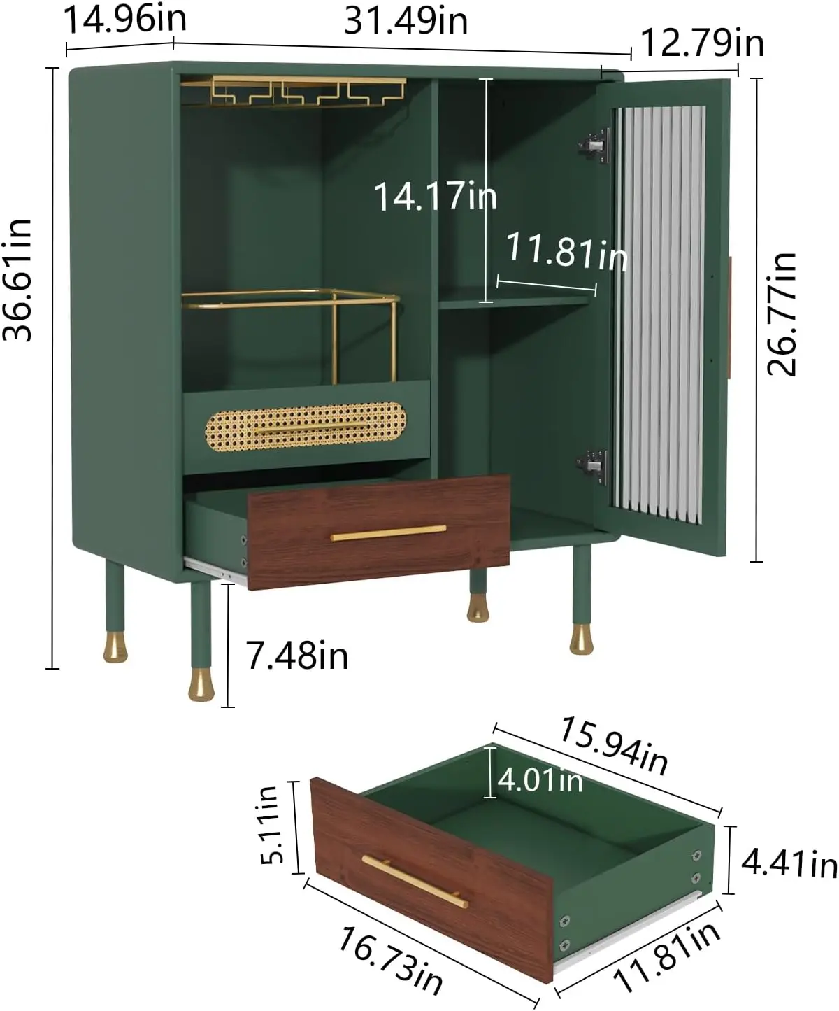 ตู้บาร์กาแฟสีเขียวทันสมัยพร้อมชั้นวางไวน์และลิ้นชักสำหรับห้องครัวหรือห้องนั่งเล่น