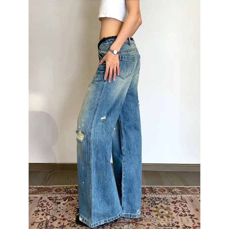 Mulheres americanas retro y2k 2000s rasgado azul jeans feminino solto perna larga calças jeans streetwear cintura alta calças retas