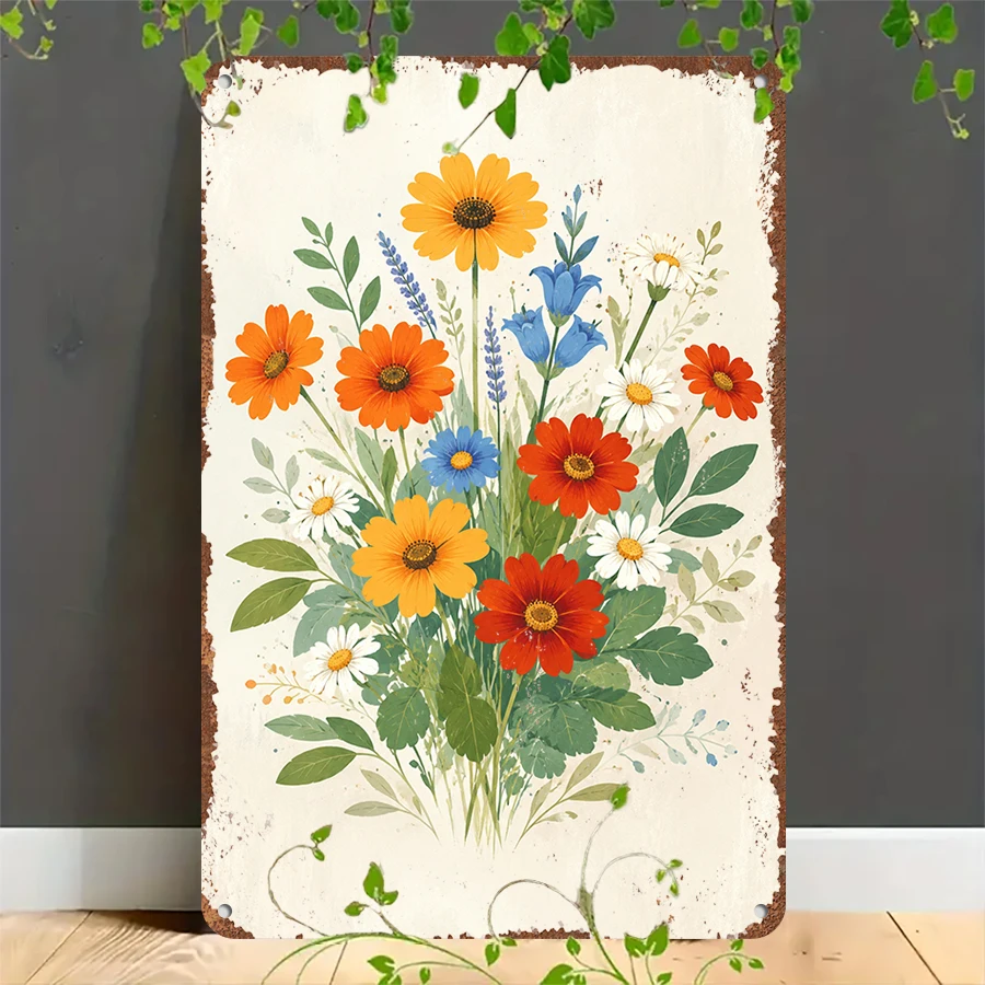 2D flat retro metal tin plate,  Vintage Wildflower Bouquet Tin Wall Sign, Suitable for home, garage, café, bar and garden decoration
