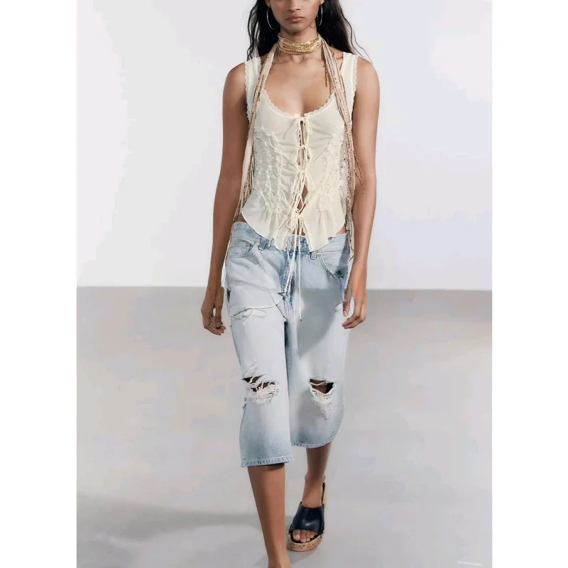 

Summer Women's Faion Asymmetric Hem Knot Decoration Svel Simple Top Polyester Fiber ort Length Outerwear