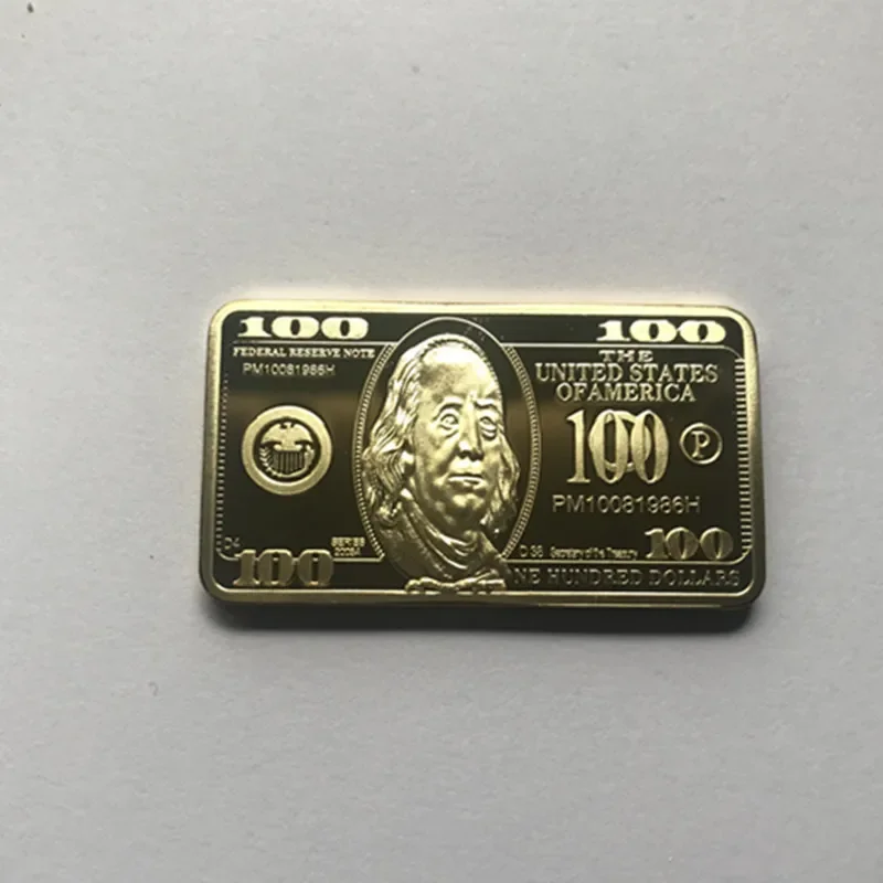 5 pcs real gold plated 100 dollars ingot 50 mm x 28 mm American badge decoraiton bar drop shipping order acceptable con