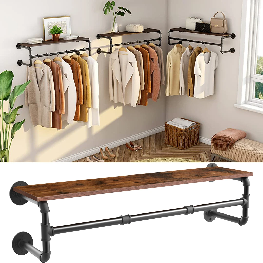 

Industrial Pipe Clothes Rack with Top Shelf Coat Hanger Hanging Rod Closet Storage Wardorbe