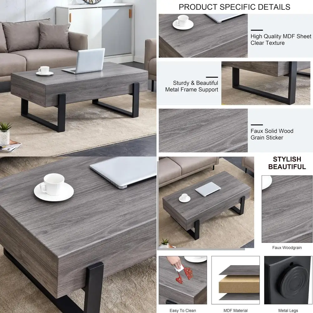 

Современный серый прямоугольный журнальный столик с черными ножками для гостиной и офиса