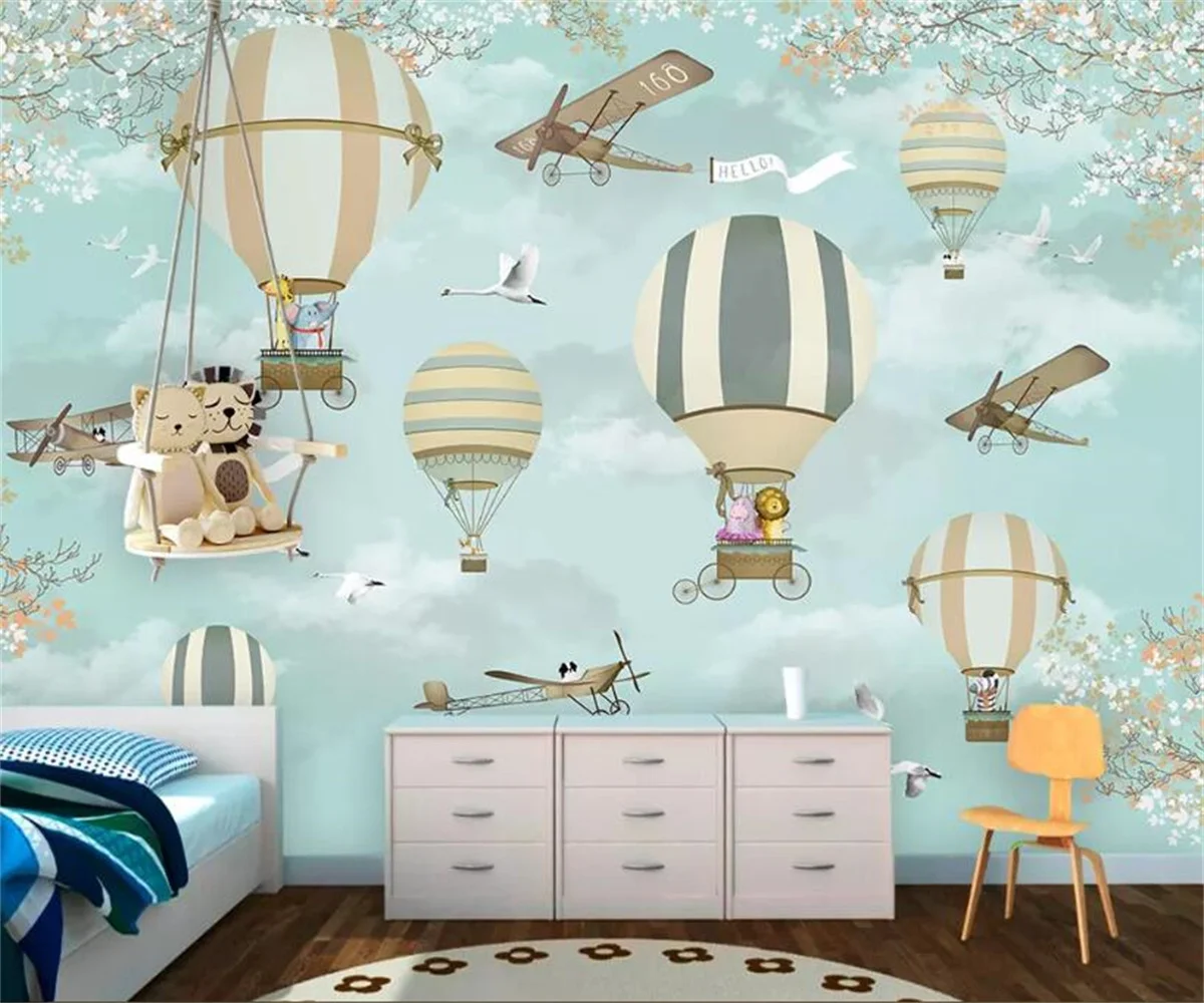 Custom wallpaper Large hand-painted aircraft hot-air balloon Children's playground Blue background walls 3D wallpaper murals