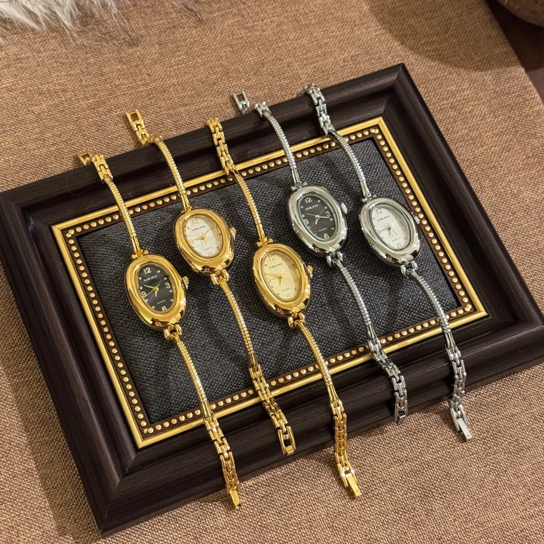 

SUNLIFEX Small niche Women's Gold Bracelet Women's Watches Thin Steel Strap Ladies Watch Oval Dial Clock Wristwatch montre femme