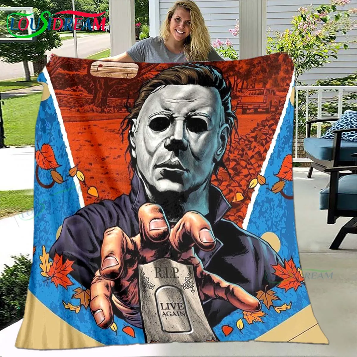 

Horror Movies Halloween Michael Myers Pattern Blanket Flannel Thin Blanket Portable Home Travel Office Lunch Break Blanket Gift