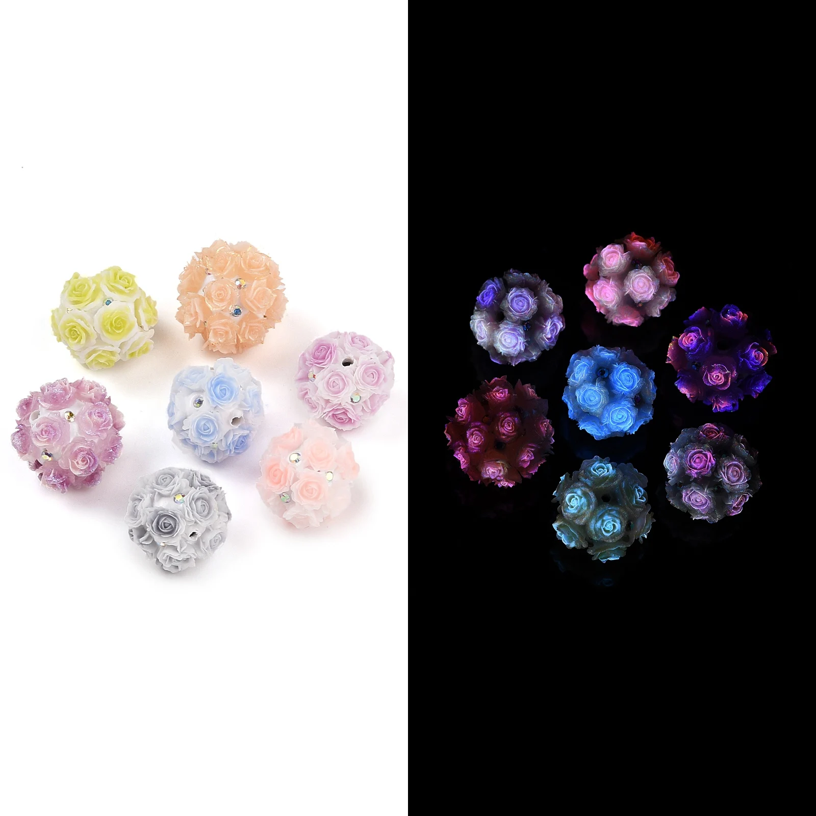 

10Pcs Acrylic Luminous Polymer Clay Rhinestone Beads Handmade Flower Spacer Beads for Jewelry Making DIY Pen Mobile Phone Chain