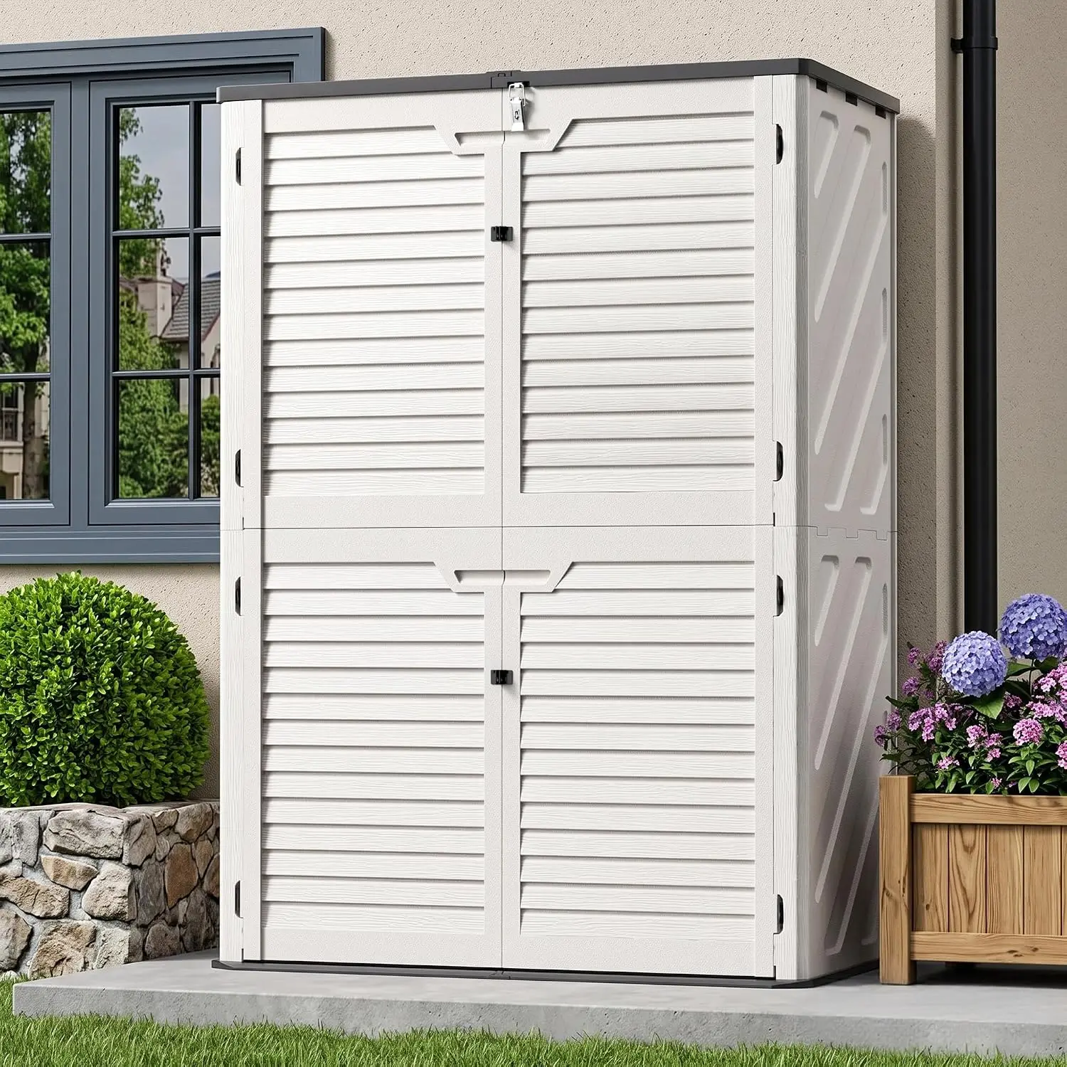 65 Cu.Ft Resin Outdoor Storage Shed with Floor Weatherproof Vertical Cabinet for Garden Backyard Patio Pool Tool, Customized